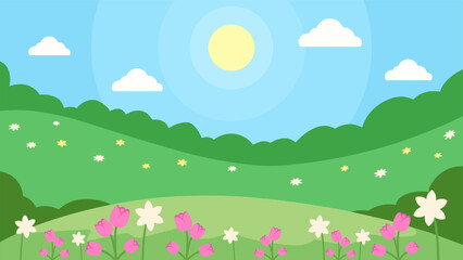 Flat landscape illustration of spring season with blooming flowers