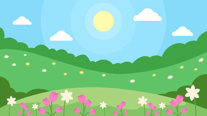 Obraz premium Flat landscape illustration of spring season with blooming flowers