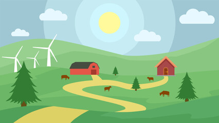 Flat landscape illustration of farm with cattle and barn in green hill