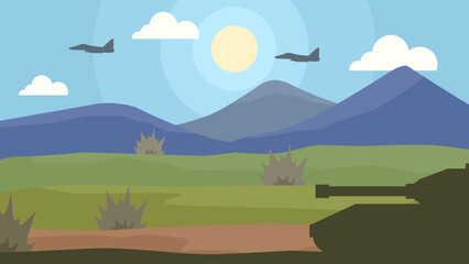 Flat landscape illustration of battlefield with military vehicle