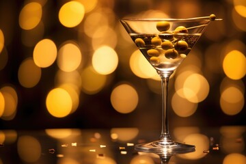 Classic Martini: Close-up of a perfectly chilled martini glass with olives.