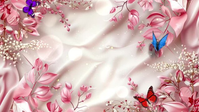 luxury background with pink flowers on pink silk leaves and ornate. seamless looping overlay 4k virtual video animation background