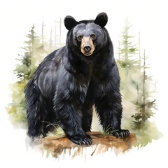 Black bear. Bear in forest clipart. Watercolor illustration. Generative AI. Detailed illustration.