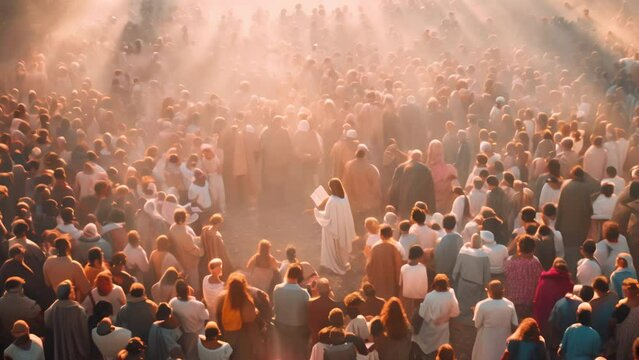 Jesus preached to a crowd of people. All ages and genders are listening intently. Moments before the miracle.