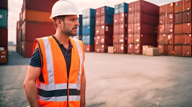 Arbeiter in Warnweste steht am Frachthafen