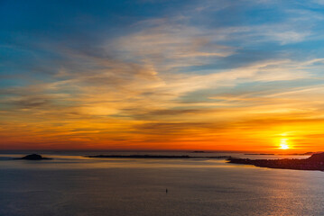 top view of a sunset over Alesund during a sunny spring evening, Norway
