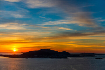 top view of a sunset over Alesund during a sunny spring evening, Norway
