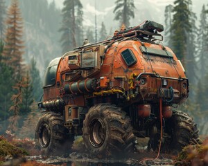 A large orange vehicle with a lot of machinery on it is driving through a forest