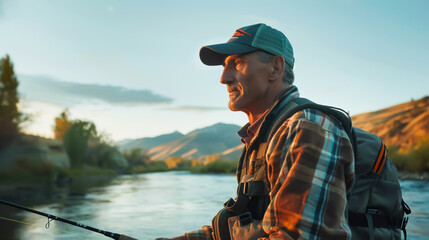 Serene Morning Fishing: Elderly Man by a Peaceful River