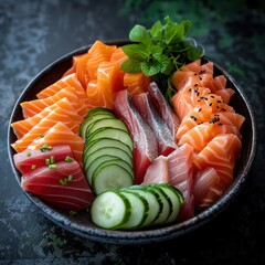 a platter of fresh sashimi, presented in the most colorful arrangement.