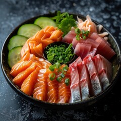 a platter of fresh sashimi, presented in the most colorful arrangement.