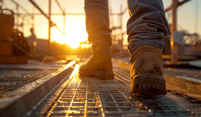A man walking on a metal grate with the sun setting in the background. Generative AI