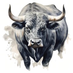 Black bull. Majestic bull clipart. Watercolor illustration. Generative AI. Detailed illustration.