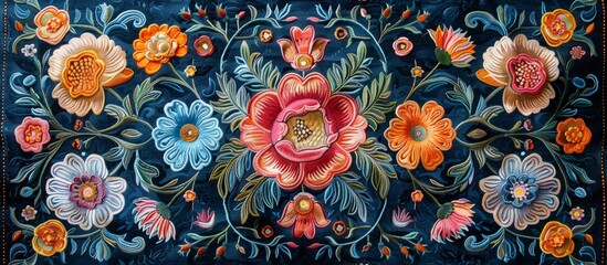 Vivid and intricate floral pattern displayed in a close-up view on a vibrant blue backdrop