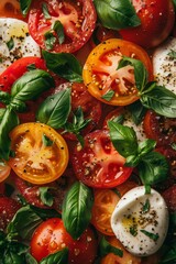 A close up of a salad with tomatoes, basil, and cheese