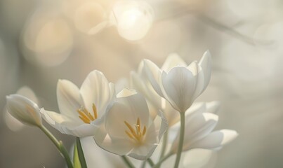 Obraz premium Delicate white tulips in soft focus