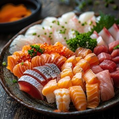 a platter of fresh sashimi, presented in the most colorful arrangement.