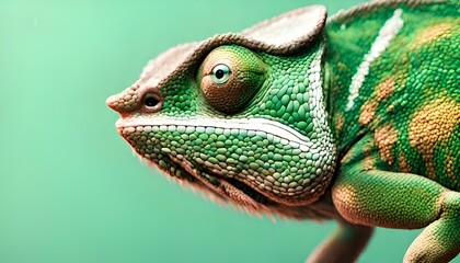 Fototapeta premium Green colored chameleon close up. Generative Ai