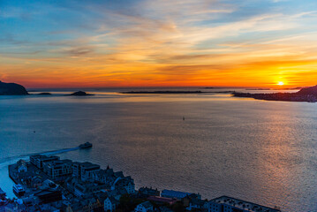 top view of a sunset over Alesund during a sunny spring evening, Norway