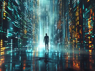 A man walks through a futuristic city