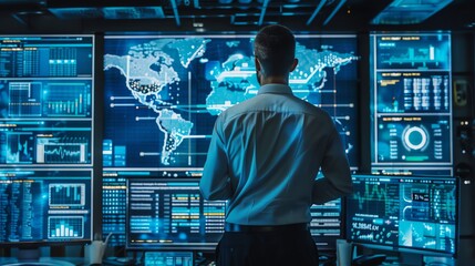 A man stands in a dark room looking at a wall of monitors. The monitors are displaying various data and graphs.