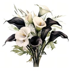 Black calla lily bouquet. Black flowers clipart. Watercolor illustration. Generative AI. Detailed illustration.