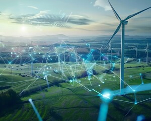 A digital composite image of wind turbines in a field - Powered by Adobe