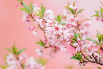 Blooming cherry blossoms on pink background