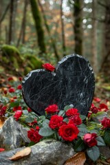 Heart-shaped gravestone with red roses