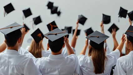 Group of graduates celebrating their graduation by joyfully tossing their hats in the air while wearing gowns and hats.