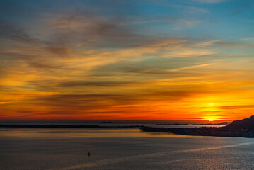 top view of a sunset over Alesund during a sunny spring evening, Norway