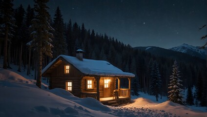 The rustic charm and cozy atmosphere of a secluded mountain hut, nestled amidst towering pines and blanketed in the soft glow of moonlight ai_generated