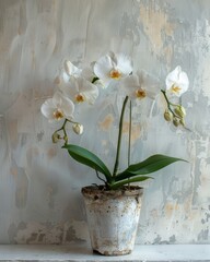 A white orchid plant is in a white pot