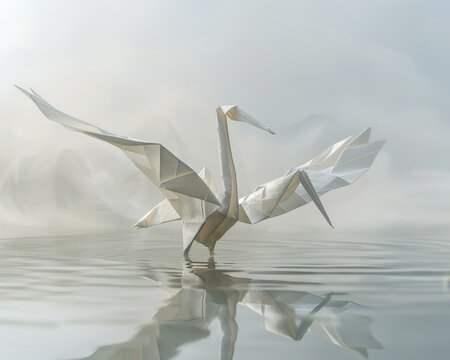 A white origami bird is flying over a body of water