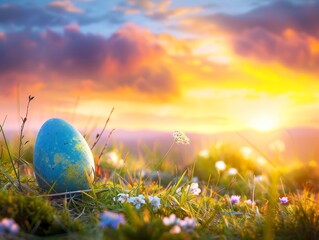 Colorful Easter egg in spring meadow at sunset