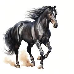 Black horse. Black stallion. Elegant horse clipart. Watercolor illustration. Generative AI. Detailed illustration.