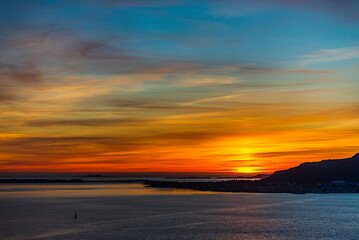 top view of a sunset over Alesund during a sunny spring evening, Norway