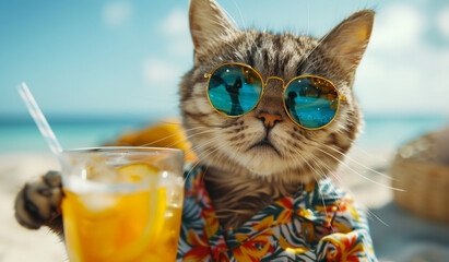A cat wearing sunglasses and drinking a drink on the beach. Generative AI