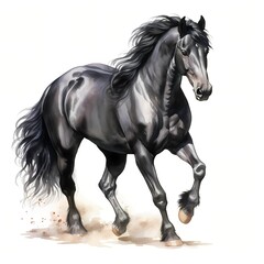 Obraz premium Black horse. Black stallion. Elegant horse clipart. Watercolor illustration. Generative AI. Detailed illustration.