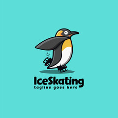 Fun penguin skating mascot cartoon logo template on blue background
