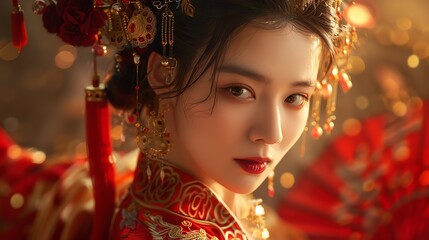 Chinese New Year celebration through the eyes of a mythical heroine, adorned in red and gold elegance