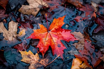 Vibrant autumn leaves on wet ground