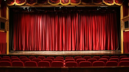 Ornate theater stage with red curtains and gold accents