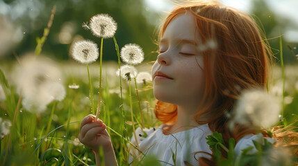 Beautiful redhead little girl blowing dandelion in green field ai generative