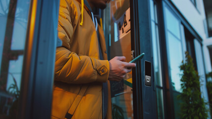 Delivery Person Using Smart Lock to Securely Drop Off Packages at Business Owner's Doorstep