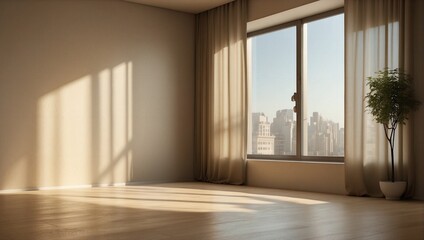 Fototapeta premium Empty beige room with large window, curtains, potted plant and light shadow from the window, front view. Modern minimalist background for product presentation or display