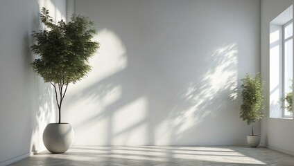 Empty white room with potted plants and light shadow from the window, front view. Modern minimalist background for product presentation or display