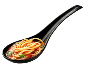 Black spoon with noodles soup isolated on transparent background