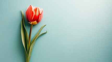 Vibrant red tulip flower on mint green background