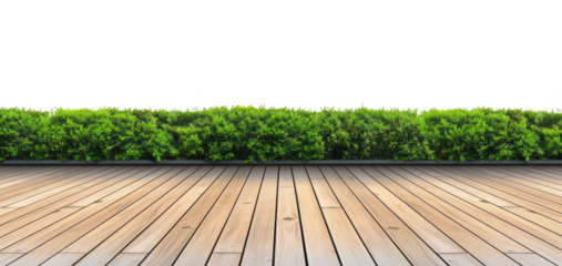 Wooden floor with green bushes isolated on transparent background